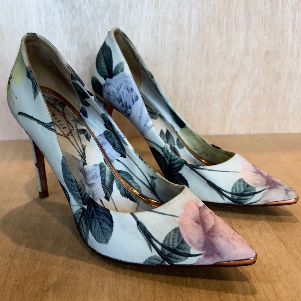 Ted Baker Women 41 Floral Satin Pointed Toe Stiletto Pumps Rose Gold Wedding
